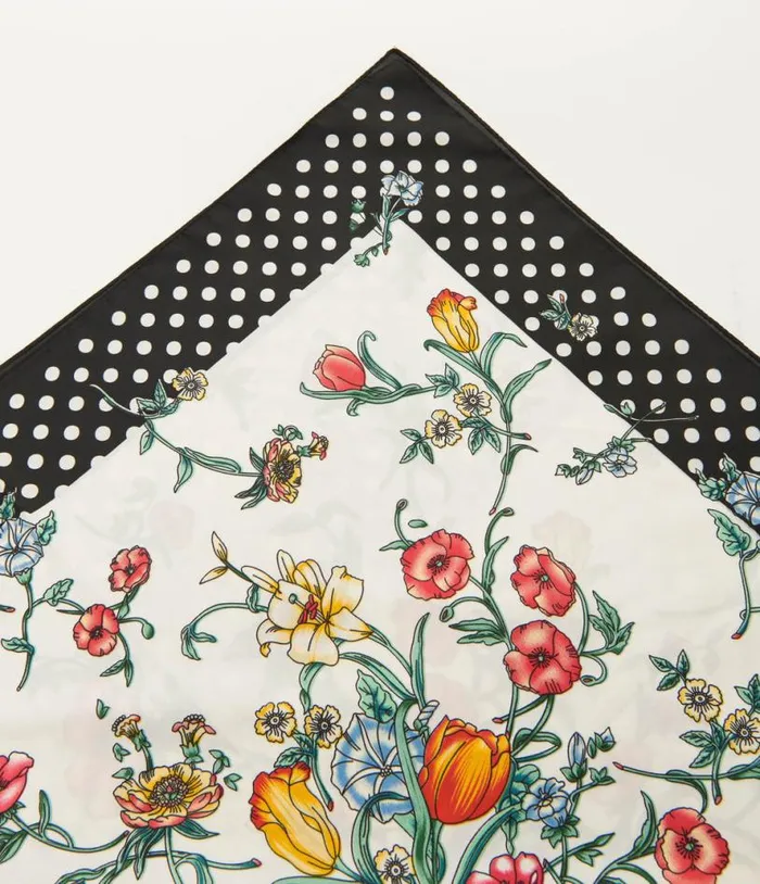1940s White Polka Dot and Ditsy Floral Print Satin Hair Scarf Accessories Unique Vintage Hair Scarves