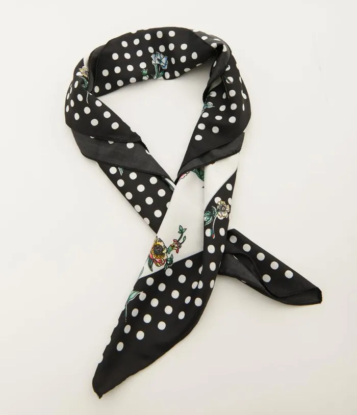1940s White Polka Dot and Ditsy Floral Print Satin Hair Scarf Accessories Unique Vintage Hair Scarves