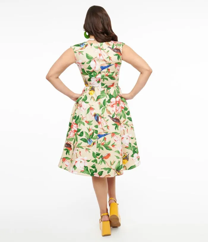 1950s Beige and Swallow Print Cotton Swing Dress DressesPlus Unique Vintage Pocket Dresses