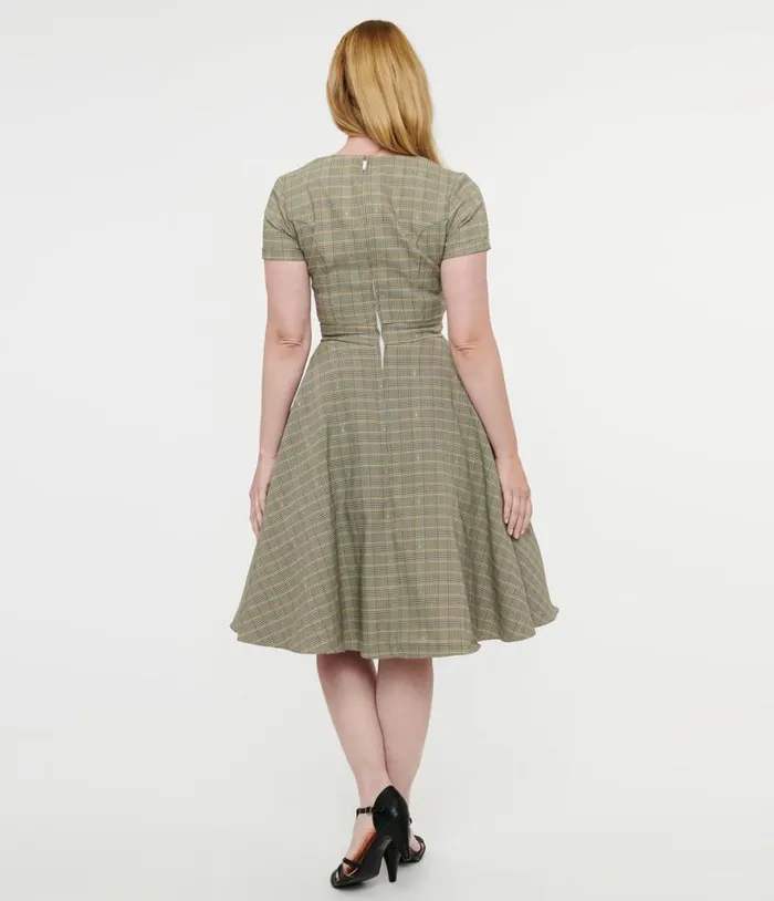 1950s Beige Plaid and Pink Floral Swing Dress Dresses Unique Vintage Pocket Dresses