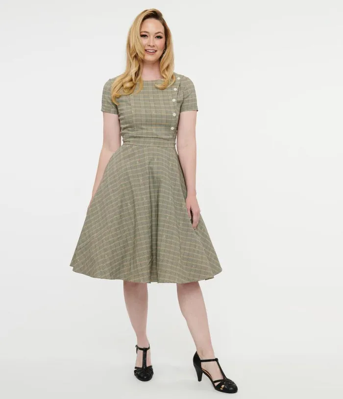 1950s Beige Plaid and Pink Floral Swing Dress Dresses Unique Vintage Pocket Dresses