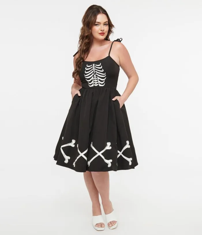 1950s Black and Glow In The Dark Skeleton Bobbie Swing Dress DressesHalloween Unique Vintage Pocket Dresses