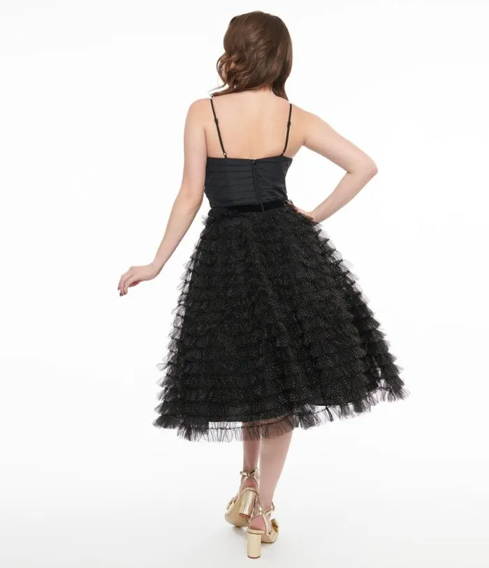 1950s Black and Gold Glitter Tulle Cupcake Swing Dress Dresses Unique Vintage Swing