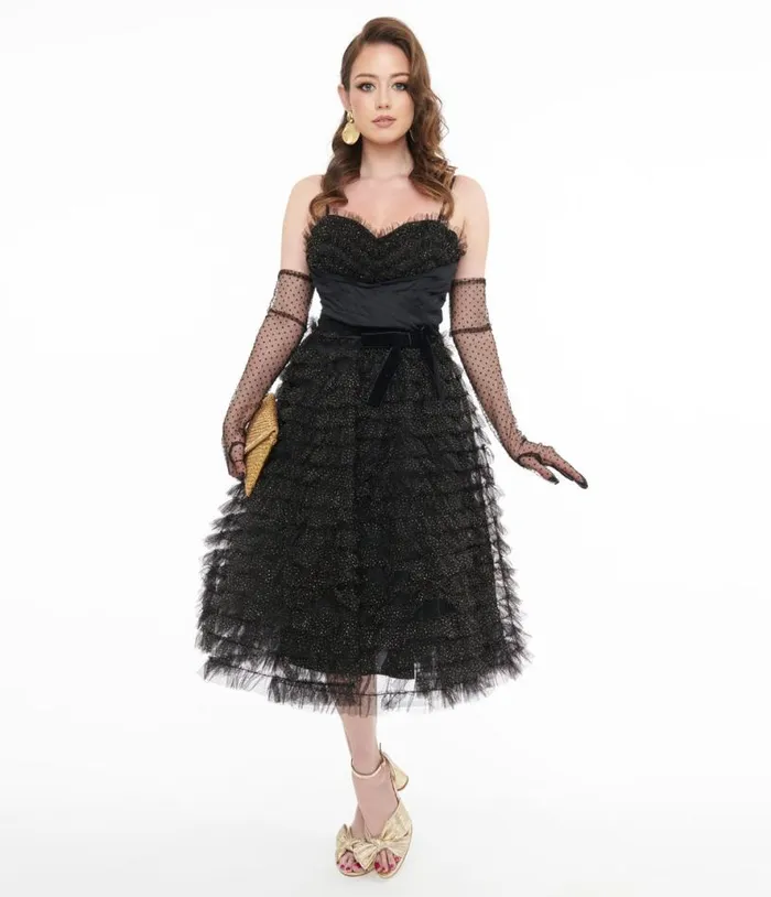 1950s Black and Gold Glitter Tulle Cupcake Swing Dress Dresses Unique Vintage Swing