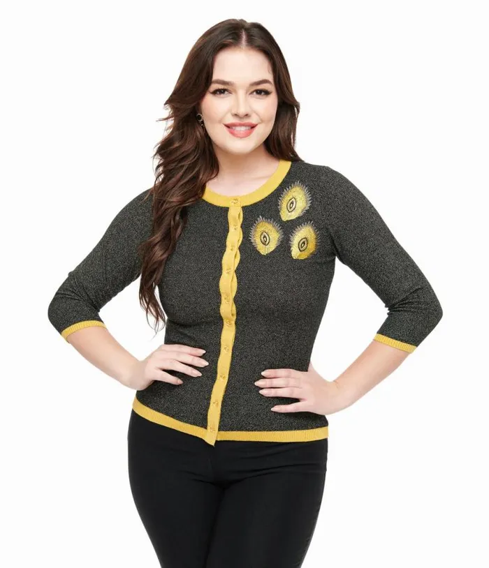1950s Black and Gold Peacock Feather Embroidered Bookworm Cardigan Clothing Unique Vintage Sweaters and Cardigans 1950s Black and Gold Peacock Feather Embroidered Bookworm Cardigan Clothing Unique Vintage Sweaters and Cardigans