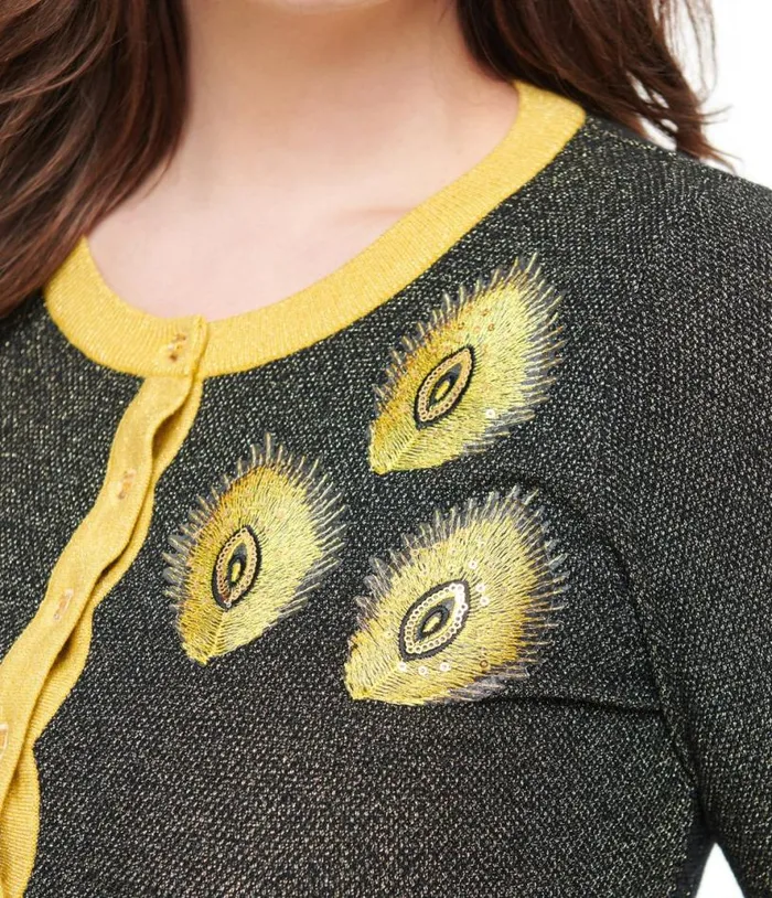 1950s Black and Gold Peacock Feather Embroidered Bookworm Cardigan Clothing Unique Vintage Sweaters and Cardigans