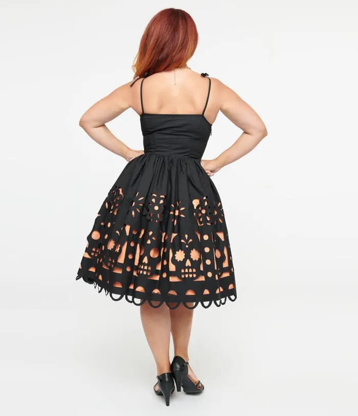 1950s Black and Orange Dia De Los Muertos Cutout Bobbie Swing Dress Halloween Unique Vintage Dresses