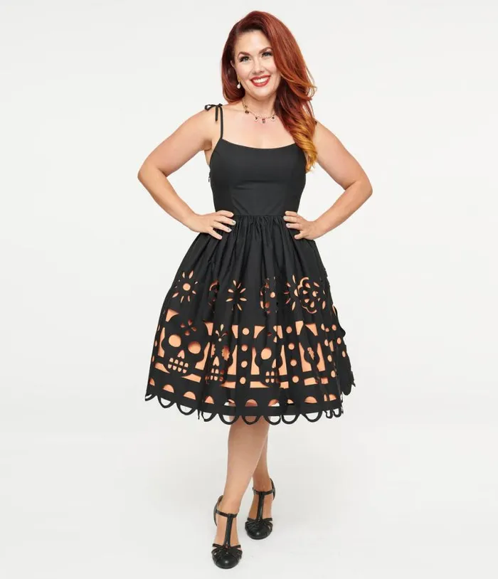 1950s Black and Orange Dia De Los Muertos Cutout Bobbie Swing Dress Halloween Unique Vintage Dresses
