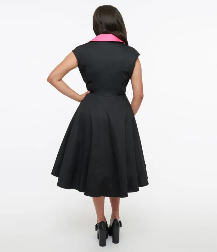 1950s Black and Pink Contrast Swing Dress DressesPlus Unique Vintage Pocket Dresses