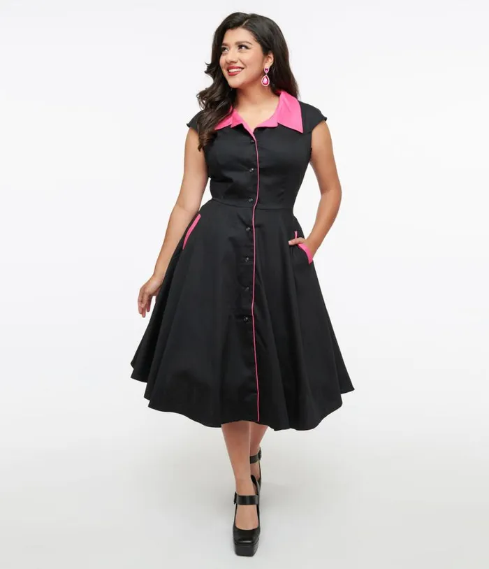 1950s Black and Pink Contrast Swing Dress DressesPlus Unique Vintage Pocket Dresses