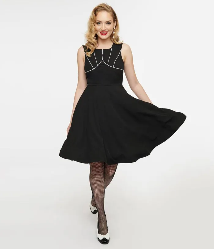 1950s Black and White Piping Fit and Flare Dress DressesPlus Unique Vintage Fit and Flare 1950s Black and White Piping Fit and Flare Dress DressesPlus Unique Vintage Fit and Flare