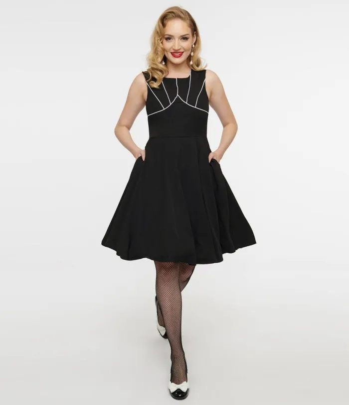 1950s Black and White Piping Fit and Flare Dress DressesPlus Unique Vintage Fit and Flare