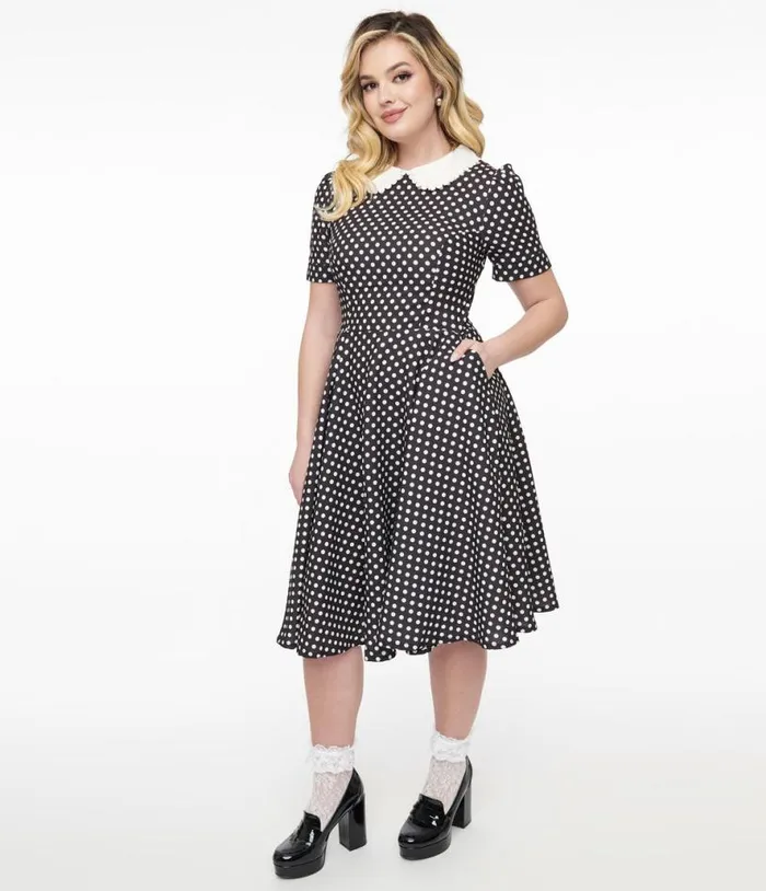 1950s Black and White Polka Dot Brielle Swing Dress Dresses Unique Vintage Pocket Dresses