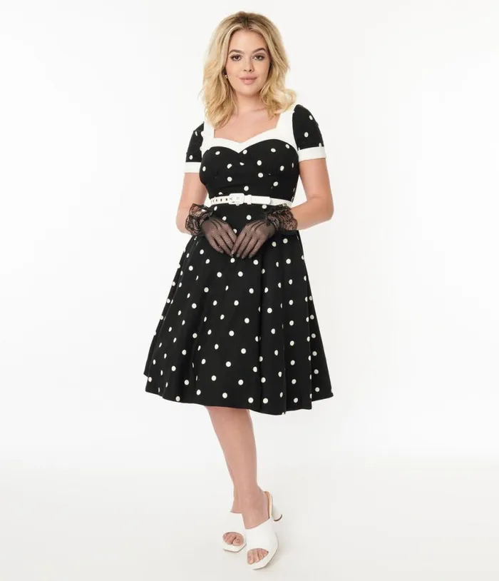 1950s Black and White Polka Dot Swing Dress Dresses Unique Vintage Pocket Dresses