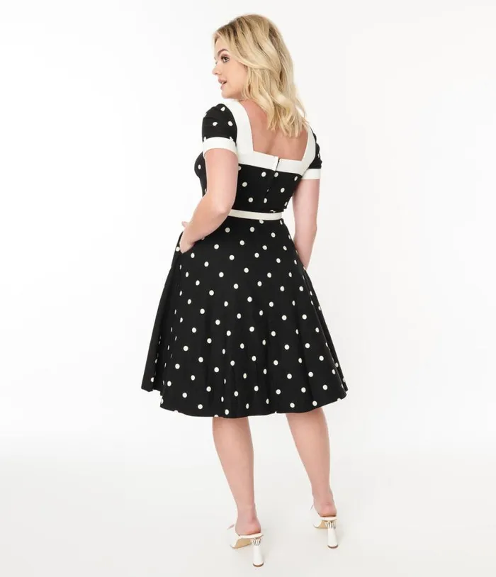 1950s Black and White Polka Dot Swing Dress Dresses Unique Vintage Pocket Dresses