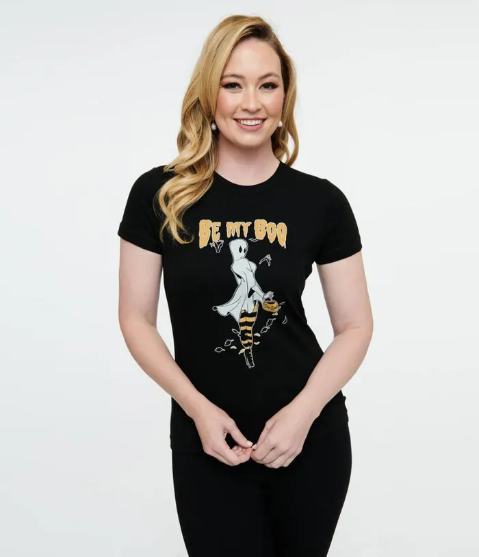 1950s Black Hallowitch Fitted Graphic Tee ClothingHalloweenPlus Unique Vintage Graphic Tees