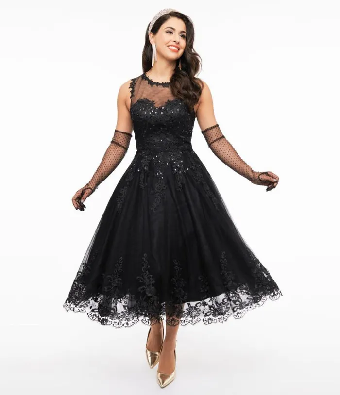 1950s Black Lace and Tulle Riviera Dress Dresses Unique Vintage Swing