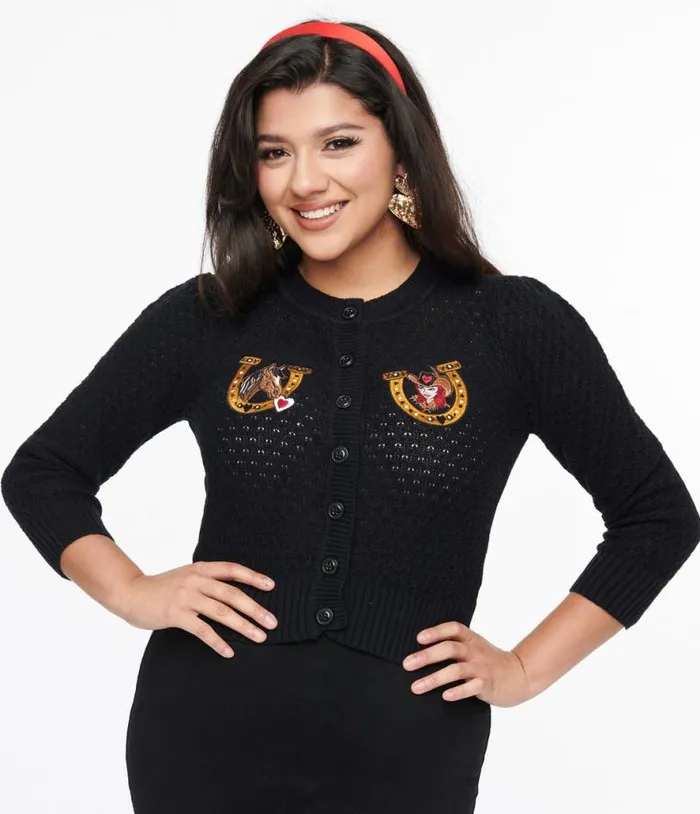 1950s Black Love At The Ranch Cropped Cardigan Clothing Unique Vintage Sweaters and Cardigans