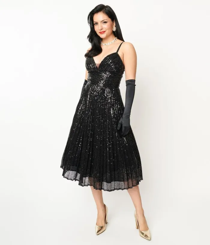1950s Black Pleated Sequin Swing Dress Dresses Unique Vintage Swing