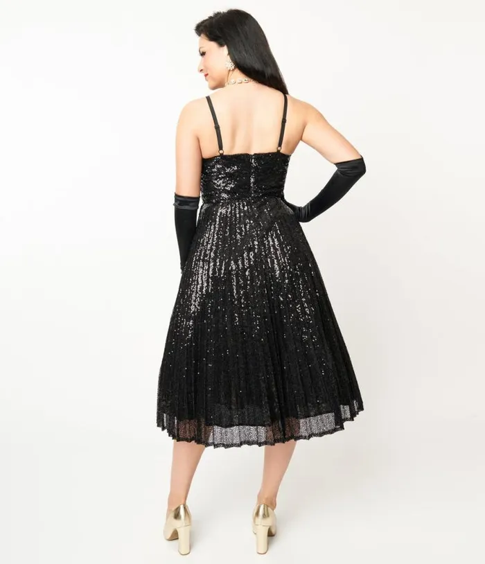 1950s Black Pleated Sequin Swing Dress Dresses Unique Vintage Swing