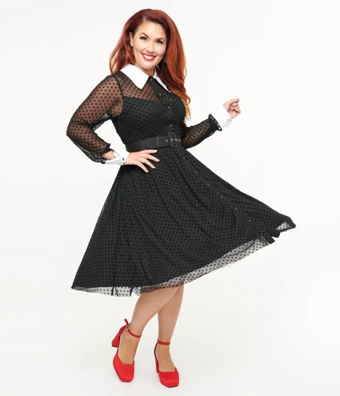 1950s Black Polka Dot Tulle Swing Dress Dresses Unique Vintage Swing