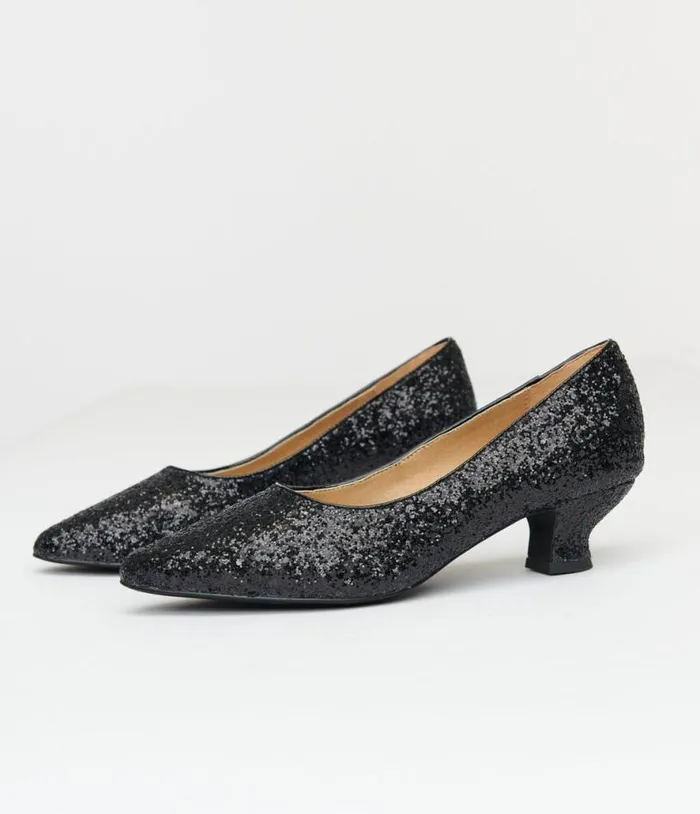 1950s Black Sparkle Pointed Kitten Heels Shoes Unique Vintage Heels