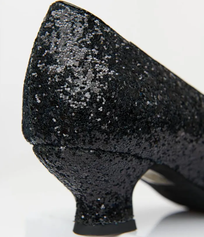 1950s Black Sparkle Pointed Kitten Heels Shoes Unique Vintage Heels