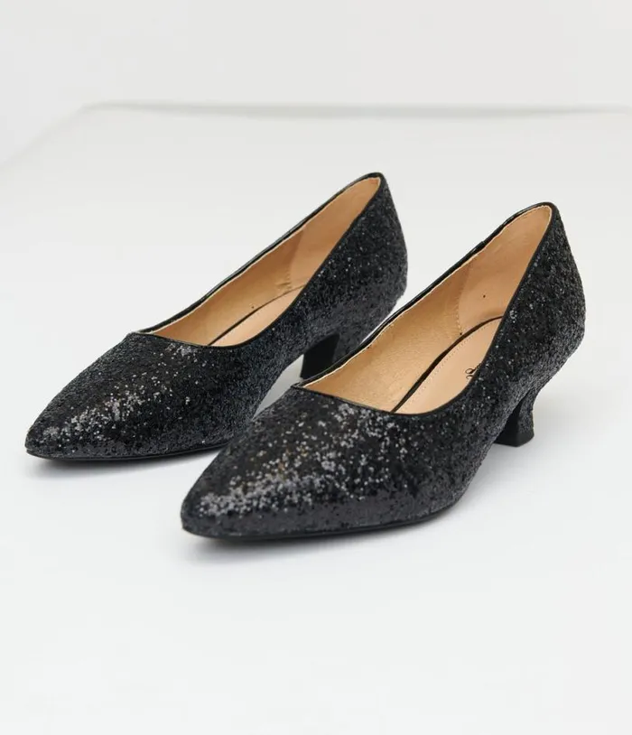 1950s Black Sparkle Pointed Kitten Heels Shoes Unique Vintage Heels