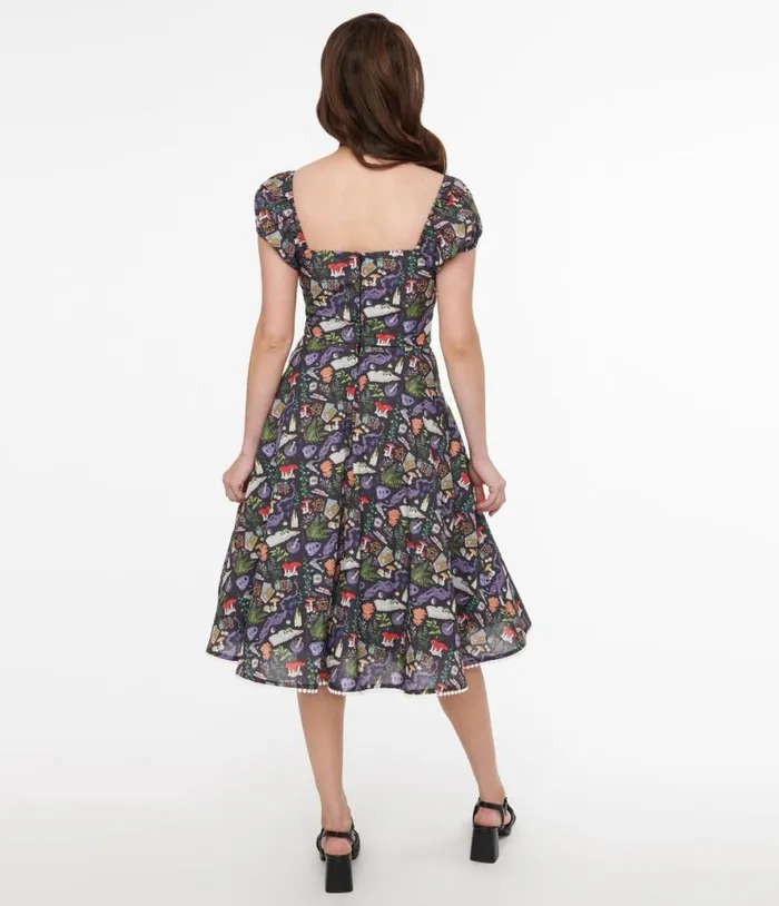 1950s Black Spellbinding Print Swing Dress DressesHalloween Unique Vintage Pocket Dresses