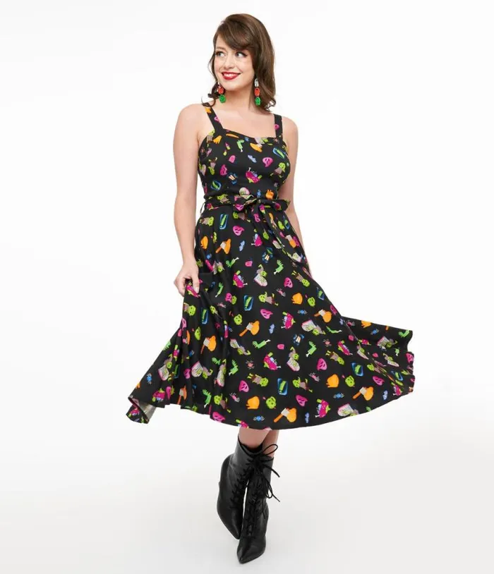 1950s Black Zombie Print Lori Swing Dress DressesHalloween Unique Vintage Pocket Dresses