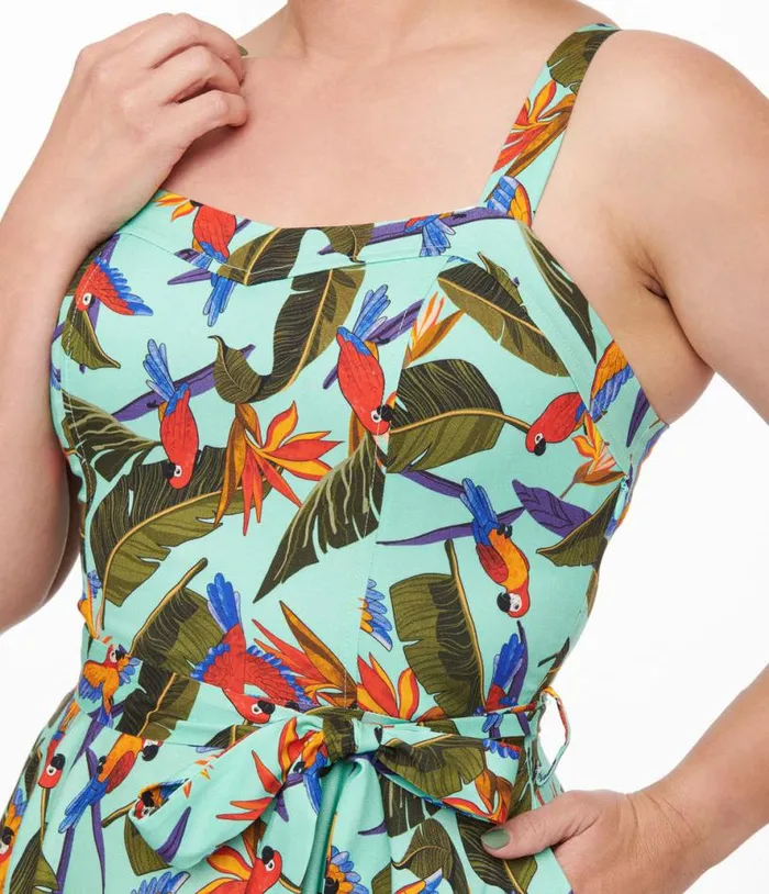 1950s Blue and Green Tropical Parrot Print Lori Swing Dress Dresses Unique Vintage Pocket Dresses