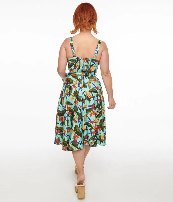 1950s Blue and Green Tropical Parrot Print Lori Swing Dress Dresses Unique Vintage Pocket Dresses