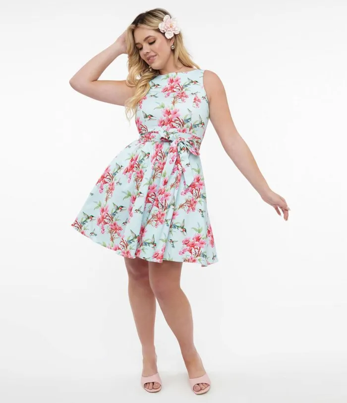 1950s Blue and Pink Floral Hummingbird Print Cotton Tea Fit and Flare Dress DressesPlus Unique Vintage Pocket Dresses 1950s Blue and Pink Floral Hummingbird Print Cotton Tea Fit and Flare Dress DressesPlus Unique Vintage Pocket Dresses
