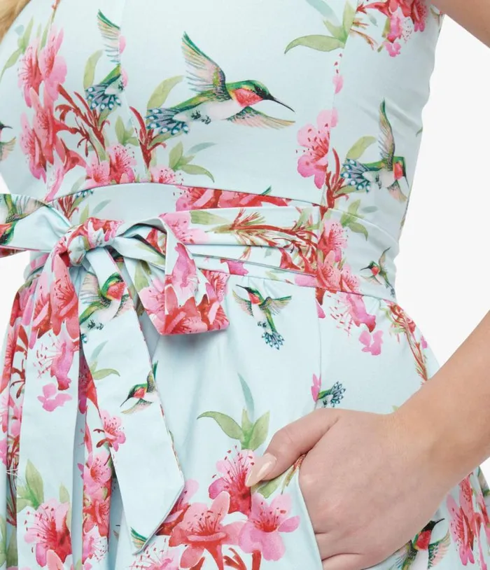 1950s Blue and Pink Floral Hummingbird Print Cotton Tea Fit and Flare Dress DressesPlus Unique Vintage Pocket Dresses