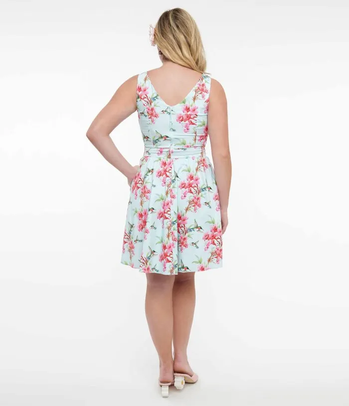 1950s Blue and Pink Floral Hummingbird Print Cotton Tea Fit and Flare Dress DressesPlus Unique Vintage Pocket Dresses