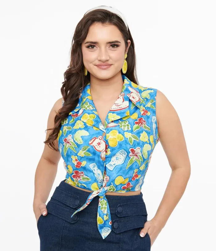 1950s Blue Lemon In My Tea Print Crop Top Clothing Unique Vintage Blouses
