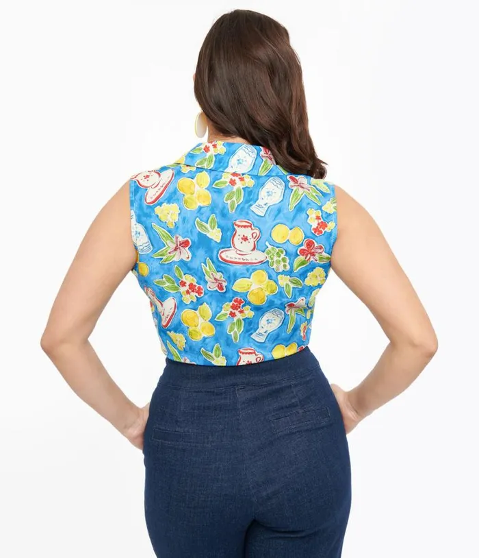 1950s Blue Lemon In My Tea Print Crop Top Clothing Unique Vintage Blouses