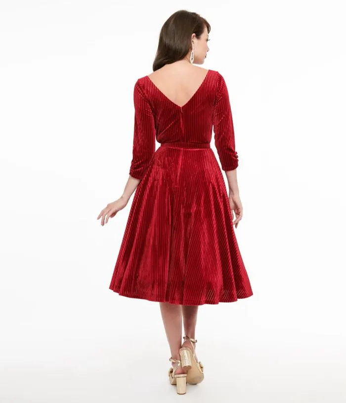 1950s Burgundy Textured Velvet Devon Swing Dress Dresses Unique Vintage Pocket Dresses