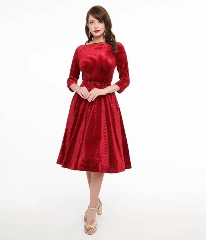 1950s Burgundy Textured Velvet Devon Swing Dress Dresses Unique Vintage Pocket Dresses