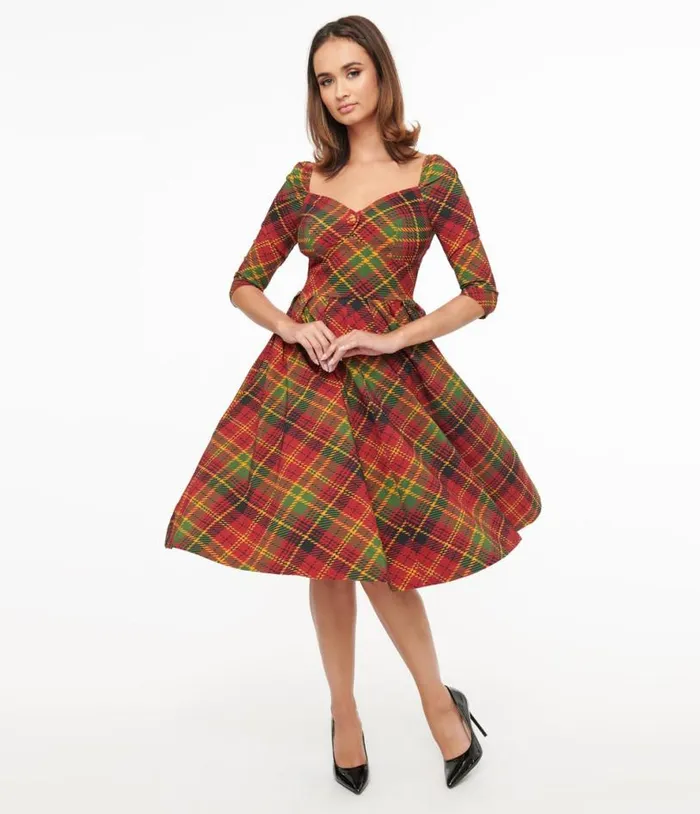 1950s Burnt Orange and Green Plaid Lamar Swing Dress Dresses Unique Vintage Swing 1950s Burnt Orange and Green Plaid Lamar Swing Dress Dresses Unique Vintage Swing