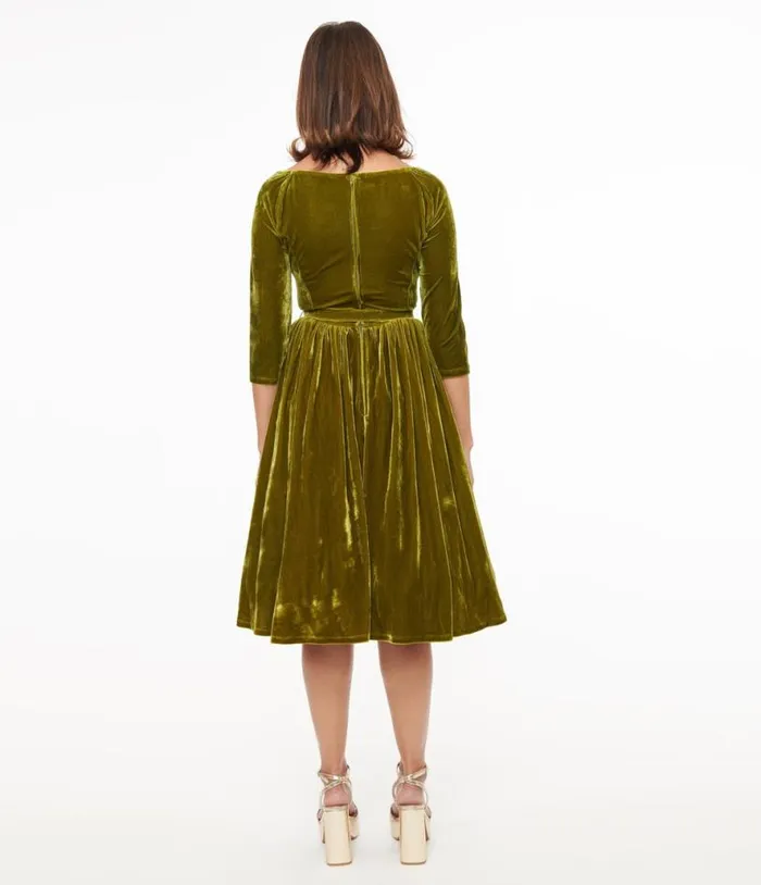 1950s Chartreuse Velvet Sweetheart Swing Dress Dresses Unique Vintage Swing