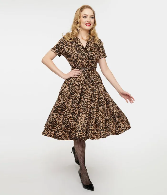 1950s Cheetah Girl Belted Swing Dress Dresses Unique Vintage Pocket Dresses