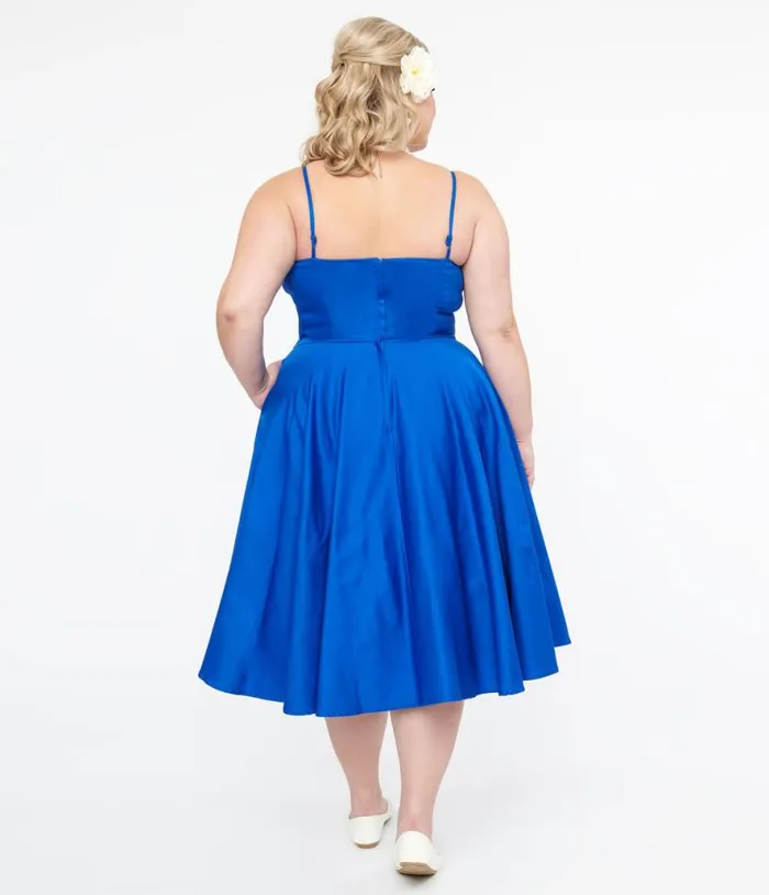 1950s Cobalt Blue Cotton Swing Dress DressesPlus Unique Vintage Pocket Dresses