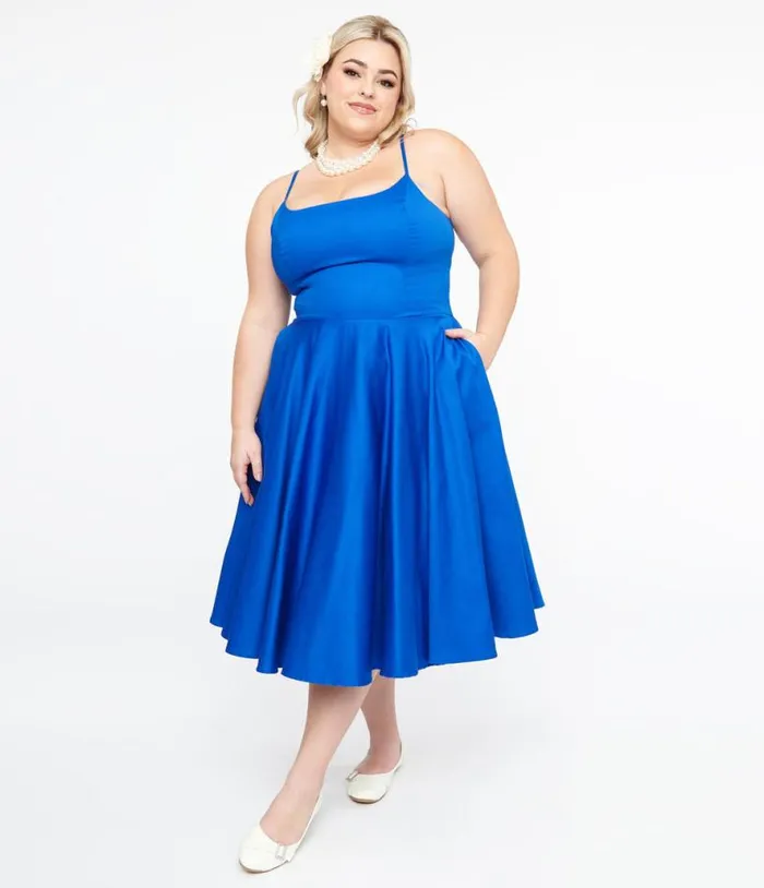 1950s Cobalt Blue Cotton Swing Dress DressesPlus Unique Vintage Pocket Dresses