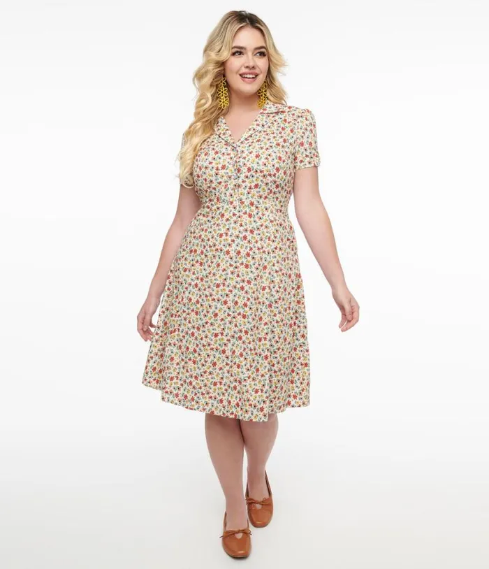 1950s Cream and Multicolor Floral Fit and Flare Dress Dresses Unique Vintage Pocket Dresses 1950s Cream and Multicolor Floral Fit and Flare Dress Dresses Unique Vintage Pocket Dresses
