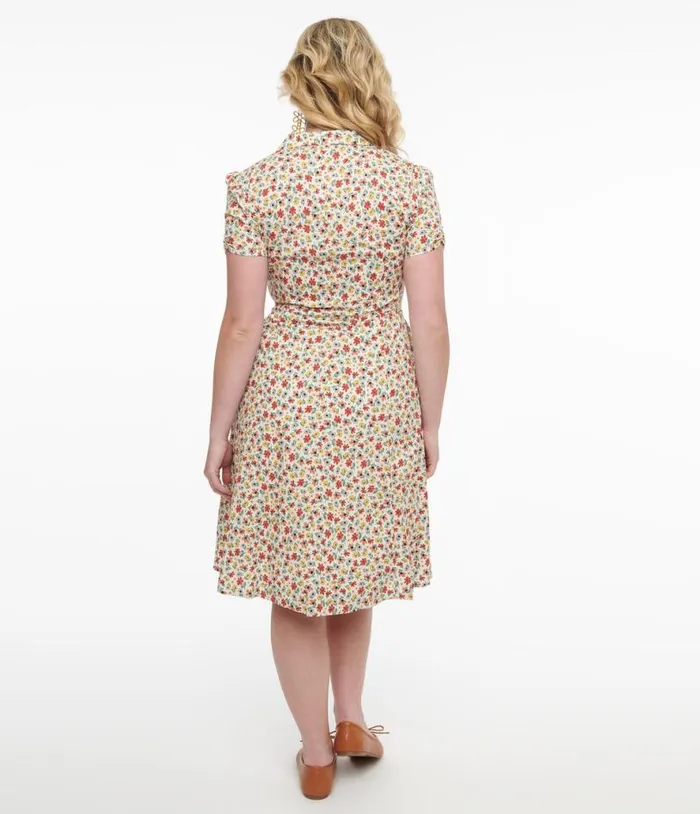 1950s Cream and Multicolor Floral Fit and Flare Dress Dresses Unique Vintage Pocket Dresses