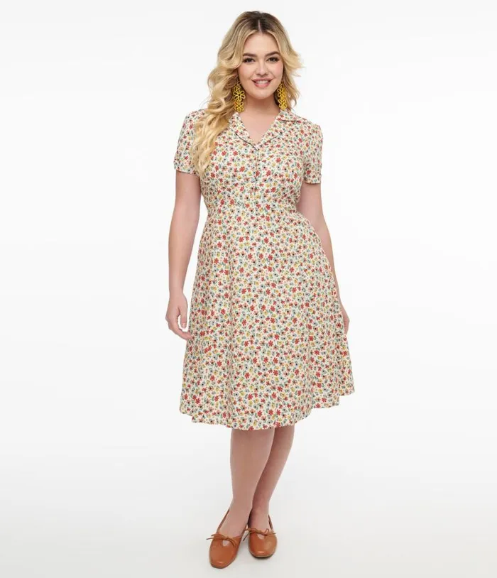 1950s Cream and Multicolor Floral Fit and Flare Dress Dresses Unique Vintage Pocket Dresses