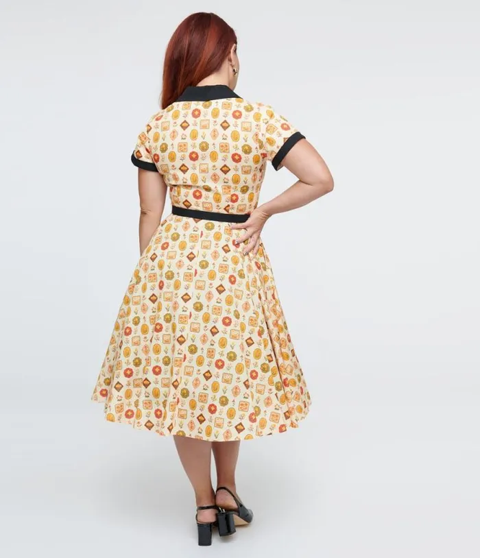 1950s Cream Market Print Alexis Swing Dress Dresses Unique Vintage Pocket Dresses