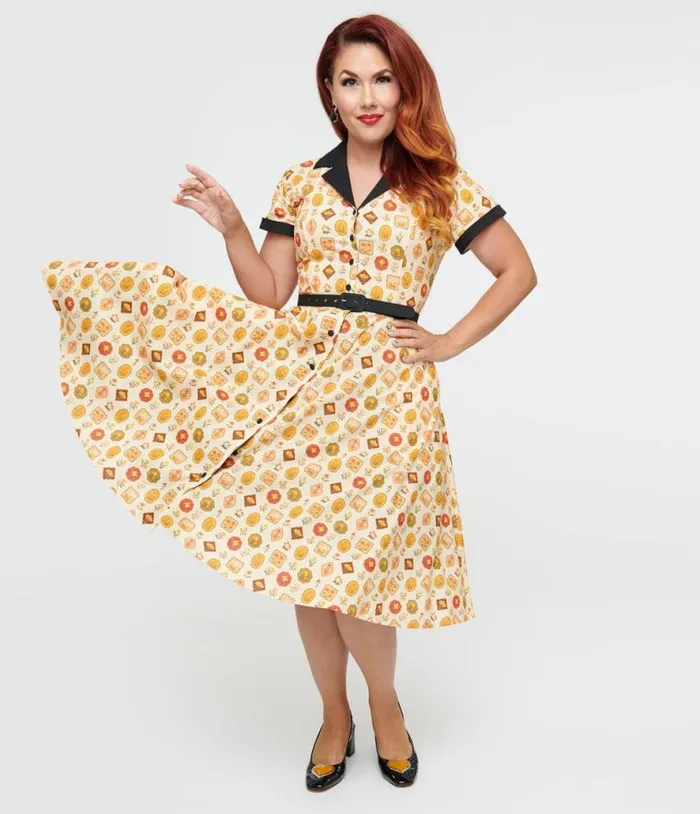 1950s Cream Market Print Alexis Swing Dress Dresses Unique Vintage Pocket Dresses