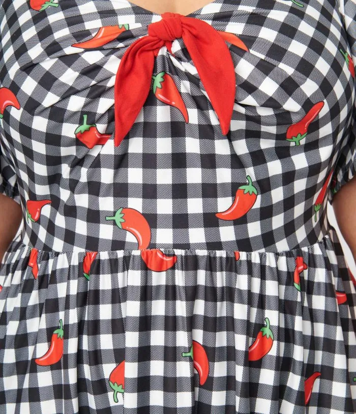 1950s Curve Black and White Chili Pepper Gingham Swing Dress Dresses Unique Vintage Pocket Dresses